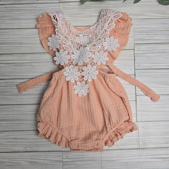 Baby Girl Romper Lace Peach Summer Bodysuit Baby Toddler Girl 12-18 Months - Picture 1 of 6
